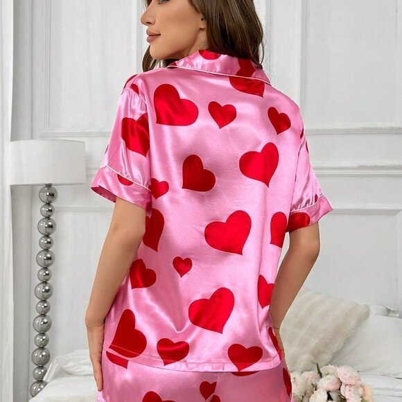 Pink Casual Womens Heart Shape Printed Pajama Set - Picture 2 of 5